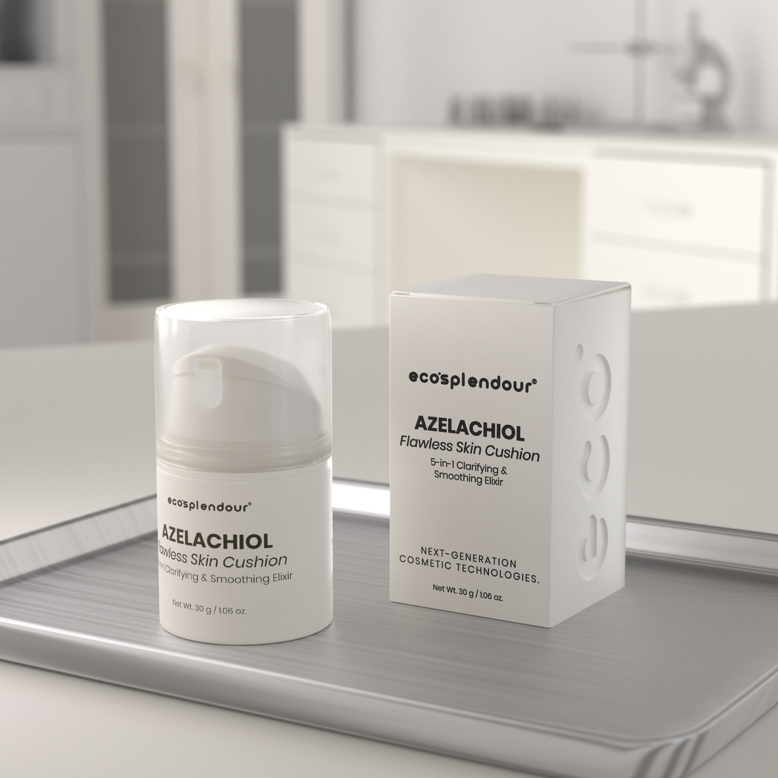 Azelachiol Complex clinical azelaic acid and bakuchiol fluid hybrid bottle on stainless steel medical tray
